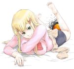  1girl artist_request barefoot bed_sheet blonde_hair blue_skirt clothes_around_waist feet full_body green_eyes gundam gundam_00 hair_ornament hairclip haro head_tilt long_sleeves looking_at_viewer louise_halevy lying on_stomach simple_background skirt soles solo sweater white_background 
