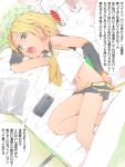  1girl akinbo_(hyouka_fuyou) bed blonde_hair blue_eyes detached_sleeves hair_ornament hairclip handheld_game_console headphones kagamine_rin lying navel no_panties on_side playstation_portable shirt short_hair shorts sleeveless sleeveless_shirt solo translation_request vocaloid 