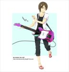  1girl bass_guitar brown_eyes brown_hair guitar instrument left-handed original plectrum sandals short_hair smile solo yoshito 