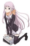  1girl arm_support book kneeling legs long_hair mura_(kanojo_no_oukoku) original pink_hair purple_hair scarf school_uniform serafuku skirt thigh-highs zettai_ryouiki 