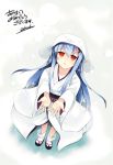 1girl aburidashi_zakuro akeome blue_hair blush hands japanese_clothes kimono long_hair new_year red_eyes snow snowing solo 