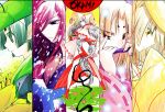  1girl 3boys amaterasu androgynous animal_ears bangs blonde_hair blunt_bangs colorful copyright_name expressionless flute green_hair instrument issun japanese_clothes kaze-hime kaze_hime_(artist) kimono lineup looking_at_viewer looking_away multiple_boys ookami_(game) personification petals pink_hair pointing profile serious tail ushiwakamaru white_hair wide_sleeves wolf_ears wolf_tail 