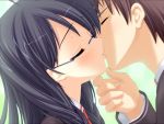  1boy 1girl bra-ban! game_cg glasses gradient gradient_background imamiya_noriko kiss kobuichi school_uniform serafuku 