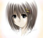  1girl brown_hair close-up expressionless face food hair_ornament lyrical_nanoha mahou_shoujo_lyrical_nanoha mahou_shoujo_lyrical_nanoha_a&#039;s mahou_shoujo_lyrical_nanoha_strikers parted_lips short_hair solo teeth upper_body wagashi wagashi_(okashina) x_hair_ornament yagami_hayate 