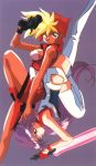  2girls 80s 90s blade blonde_hair braid dark_skin dirty_pair dirty_pair_flash energy_sword gloves green_eyes gun kei_(dirty_pair) long_hair multicolored_hair multiple_girls official_art oldschool orange_hair purple_hair simple_background sword tan thigh-highs weapon yuri_(dirty_pair) 