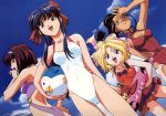  00s 4girls ball beachball black_hair blonde_hair blue_eyes blue_hair bow breasts brown_eyes brown_hair cleavage clouds dark_skin earrings green_eyes hair_bow hairband happy highleg highleg_swimsuit innertube iris_chateaubriand jean_paul jewelry kanzaki_sumire long_hair medium_breasts multiple_girls one-piece_swimsuit open_mouth outdoors pink_bow ponytail red_bow sakura_taisen sakura_taisen_ii shinguuji_sakura short_hair sidelocks sky small_breasts soletta_orihime swimsuit 