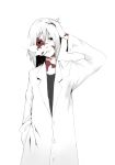  1boy bad_id bags_under_eyes black_eyes blood burns cigarette expressionless hand_in_pocket hand_on_head head_tilt labcoat male_focus monochrome scar scratching_head smoking solo sugimoto_gang white_hair 