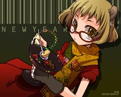  00s 2008 animal_ears brown_eyes brown_hair cosmic_chicken food glasses inuinui mouse_ears new_year original scarf 