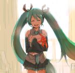  1girl bad_id detached_sleeves gift green_hair happy hatsune_miku holding holding_gift long_hair miniskirt niwa ribbon skirt smile solo twintails very_long_hair vocaloid window 