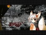  1girl animal_ears artist_request bridge fox fox_ears fox_tail japanese_clothes kimono lantern snow snowing solo tail wallpaper 