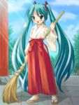  1girl aqua_hair broom hatsune_miku japanese_clothes long_hair miko outdoors red_hakama ryunnu sky solo twintails very_long_hair vocaloid 