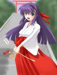  1girl arrow blush ginga_nakajima green_eyes hakama hamaya japanese_clothes long_hair lyrical_nanoha mahou_shoujo_lyrical_nanoha mahou_shoujo_lyrical_nanoha_strikers miko open_mouth purple_hair red_hakama smile solo t2r 