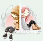  1boy 1girl ankle_boots back-to-back beanie belt boots brown_boots brown_hair closed_eyes earmuffs full_body grey_background hat knees_up koizumi_risa long_sleeves lovely_complex ootani_atsushi pants pantyhose pink_hair scarf short_hair simple_background sleeping sleeping_upright 