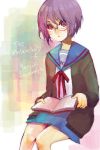  bad_id book glasses hagiko lowres nagato_yuki purple_hair reading school_uniform serafuku suzumiya_haruhi_no_yuuutsu 