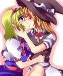  2girls alice_margatroid arm blonde_hair blush braid capelet closed_eyes clothes_grab clothes_pull female hair_ribbon hairband hands_on_another&#039;s_head hands_on_head hat hug kirisame_marisa kiss mei multiple_girls ribbon short_hair subaru_(yachika) surprised touhou violet_eyes witch witch_hat yuri 