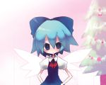  1girl blue_eyes blue_hair cirno dress fairy female gradient gradient_background inuhito plant solo touhou white_background wings 