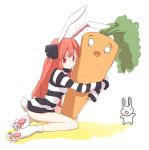  animal_ears bad_id bottomless carrot mokeo rabbit rabbit_ears red_eyes redhead ribbon striped 