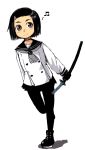 1girl bad_id black_hair face katana miniskirt oomori_harusame pantyhose school_uniform serafuku skirt solo sword weapon 