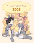  00s 2008 2girls animal_ears cheese elbow_gloves gloves kneeling midriff mouse mouse_ears multiple_girls new_year sakumo sakumo_(karatama) sitting tail thigh-highs wink 