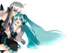  2girls aqua_nails bare_shoulders blue_eyes blue_hair caffein detached_sleeves hatsune_miku headphones long_hair multiple_girls nail_polish necktie open_mouth pleated_skirt purple_nails red_eyes silver_hair simple_background skirt tears twintails very_long_hair vocaloid voyakiloid yowane_haku 