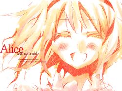  1girl alice_margatroid female monochrome orange_(color) smile solo touhou 