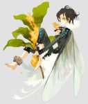  1girl bad_id barefoot black_hair fairy flower flower_request green_eyes jimu_kaji kajimiya_(kaji) solo wings 