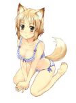  1girl amagai_tarou animal_ears barefoot blonde_hair blush bra breasts cleavage feet fox_ears fox_tail jpeg_artifacts lace lace-trimmed_bra light_smile lingerie looking_at_viewer medium_breasts original panties ribbon-trimmed_bra short_hair side-tie_panties simple_background sitting solo tail underwear underwear_only v_arms wariza white_background yellow_eyes 