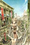  1girl brown_hair city cityscape glasses holding holding_glasses humi original railing scenery sky solo_focus toi8 tree 