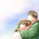  1boy 1girl chin_rest couple happy head_rest hetero hug hug_from_behind kyon looking_afar osuzu_akiomi scarf shared_scarf smile suzumiya_haruhi suzumiya_haruhi_no_yuuutsu upper_body 