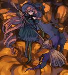  1girl black_dress blue_eyes broom brown_hair bubble_skirt dress elbow_gloves gloves halloween hat ichi long_hair lowres original pantyhose pocchin pumpkin scarf skirt solo witch witch_hat 