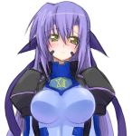  1girl blush bow facial_mark ginga_nakajima hair_bow impossible_clothes looking_to_the_side lyrical_nanoha mahou_shoujo_lyrical_nanoha mahou_shoujo_lyrical_nanoha_strikers puffy_sleeves purple_hair simple_background skin_tight solo white_background yellow_eyes 