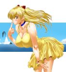  1girl bent_over blonde_hair breasts cleavage cosplay dress duplicate gaghiel huge_breasts kamia_(not_found) large_breasts long_hair matsuoka_kiyone neon_genesis_evangelion original red_eyes skirt solo soryu_asuka_langley_(cosplay) souryuu_asuka_langley yellow_dress yellow_skirt 