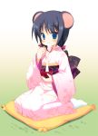  1girl animal_ears black_hair blue_eyes chopsticks eating food japanese_clothes kimono meito_(maze) mochi mouse_ears new_year original pillow seiza sitting solo wagashi zouni_soup 