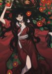  1girl bad_id black_hair camellia_(flower) flower ichi japanese_clothes kimono long_hair lowres original pocchin solo 