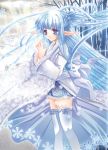  1girl blue_hair long_hair pointy_ears sakayaki_(burning_soul) snow snowflakes snowing solo thigh-highs 