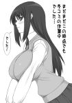  1girl :3 blush breast_squeeze breasts huge_breasts impossible_clothes impossible_sweater kurusagawa_serika kurusugawa_ayaka large_breasts long_hair monochrome school_uniform serafuku shichimenchou solo sweater sweater_vest to_heart translation_request 