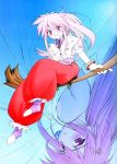  2girls arche_klein broom broom_riding jitama_(bou) multiple_girls pants pink_hair red_pants sidesaddle tales_of_(series) tales_of_phantasia upside-down witch 