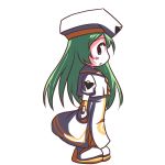  1girl alice_carroll aria beret blue_eyes chibi dress fictional_sister from_side full_body gauntlets green_hair hat long_hair looking_at_viewer profile shoes solo uniform white_dress 