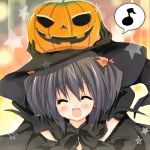  1girl bad_id black_hair blush halloween hat jack-o&#039;-lantern lowres oekaki pumpkin pumpkin_hat purinko ribbon smile solo to_heart_2 witch_hat yuzuhara_konomi 