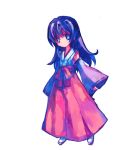  1girl blue_eyes detached_sleeves hanyuu higurashi_no_naku_koro_ni horns japanese_clothes kimono long_hair miko purple_hair red_hakama solo tabi tsuchiya_akira 