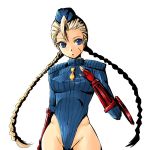  1girl 90s blonde_hair blue_eyes braid cammy_white capcom garrison_cap gin&#039;ichi_(akacia) ginichi hat leotard scar solo street_fighter street_fighter_zero street_fighter_zero_(series) twin_braids 