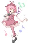  1girl animal_ears blush dress female geetsu hat microphone music musical_note mystia_lorelei one_eye_closed open_mouth outstretched_arm pink_eyes pink_hair pink_legwear quaver shoes short_hair simple_background singing solo thigh-highs touhou white_background wide_sleeves wings wink zettai_ryouiki 