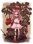  1boy 1girl axe brick_wall dress flower kiris original outstretched_arms pink_hair restrained rose spread_arms vines weapon 