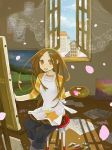  1girl :d apron bad_id brown_eyes brown_hair canvas_(object) cherry_blossoms curtains easel hair_ornament hairclip inase indoors long_hair looking_at_viewer lowres open_mouth open_window original painting painting_(object) palette pants see-through shirt sitting smile solo star star_print stool striped striped_shirt wind window 