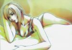  1girl aya_brea blonde_hair blue_eyes breasts camisole cleavage long_hair lying nomura_tetsuya official_art on_stomach panties parasite_eve solo underwear underwear_only 