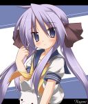  1girl blush hiiragi_kagami long_hair lucky_star purple_hair ribbon school_uniform serafuku shin&#039;ya_natsuki solo twintails violet_eyes 