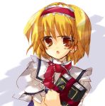  1girl alice_margatroid blonde_hair book capelet female frills grimoire hairband holding holding_book looking_at_viewer necktie puffy_short_sleeves puffy_sleeves red_necktie short_hair short_sleeves simple_background solo touhou white_background 