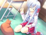  1girl blush cat closed_eyes game_cg gift_(game) gift_eternal_rainbow kamishiro_yukari_(gift) long_hair mitha school_uniform serafuku silver_hair solo 