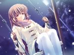  1girl brown_hair coat dear_my_friend dutch_angle game_cg kushiro_mai kusukusu lamppost light_brown_hair long_hair mittens night outdoors pink_eyes pink_scarf sad scarf sitting snow snowing solo swing swingset thigh-highs tree white_legwear winter_clothes winter_coat 