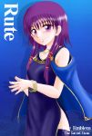  1girl bare_shoulders cape character_name copyright_name dress earrings female fire_emblem fire_emblem:_seima_no_kouseki hands_together hissaa_(starlight_express) jewelry long_hair lute_(fire_emblem) necklace purple_hair side_slit sleeveless sleeveless_dress solo starlight_express thigh-highs violet_eyes 